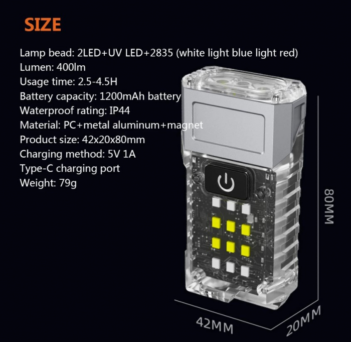 Lanterna LED multifunctionala EDC KXK-1086, 400 lm, cap rotativ 90°, UV, lumini rosu/albastru/alb, 1200mAh, magnet,  suport cap, USB-C, IP44, fluorescent [15]
