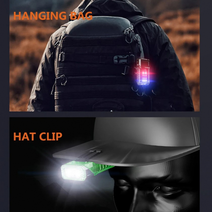 Lanterna LED multifunctionala EDC KXK-1086, 400 lm, cap rotativ 90°, UV, lumini rosu/albastru/alb, 1200mAh, magnet,  suport cap, USB-C, IP44, fluorescent [12]