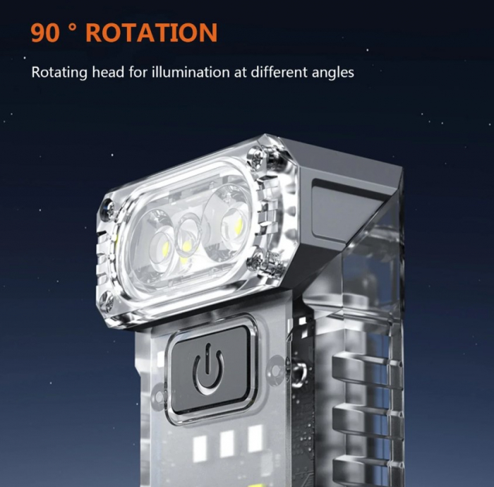 Lanterna LED multifunctionala EDC KXK-1086, 400 lm, cap rotativ 90°, UV, lumini rosu/albastru/alb, 1200mAh, magnet,  suport cap, USB-C, IP44, fluorescent [10]