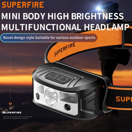 Lanterna frontala LED cu senzor de miscare, Superfire HL05-N, 200lm, 5 moduri, lumina alb/rosu/galben, IP44, USB-C, pentru camping, pescuit si reparatii [2]