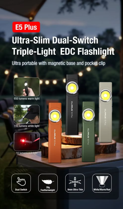 Lanterna EDC Klarus E5 Plus, 650 lumeni, 3 culori de lumina, dual switch, USB-C, acumulator 500mAh, baza magnetica, verde, IPX4 [2]