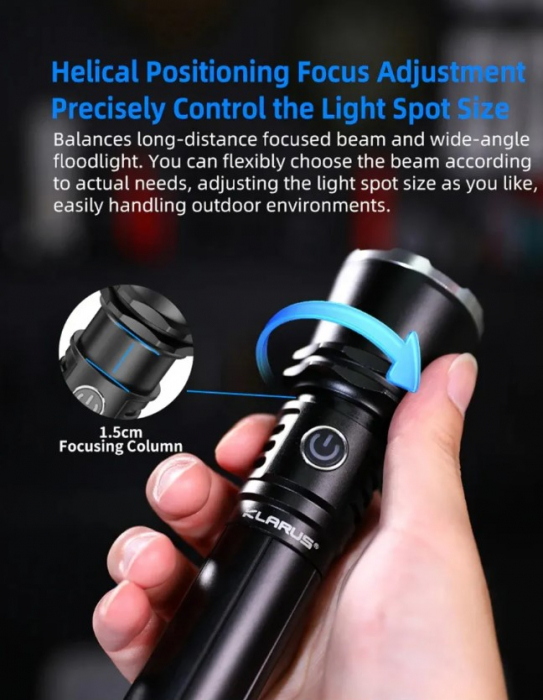 Lanterna LED Klarus, A3, zoom, 2200 lm, baterie 4000 mAh (USB-C), raza 750 m, autonomie 10 h, rezistenta la socuri 1 m,  IPX6 [8]