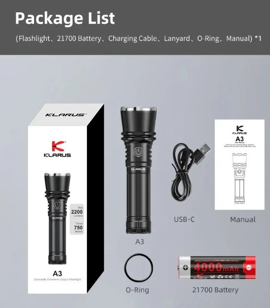 Lanterna LED Klarus, A3, zoom, 2200 lm, baterie 4000 mAh (USB-C), raza 750 m, autonomie 10 h, rezistenta la socuri 1 m,  IPX6 [9]