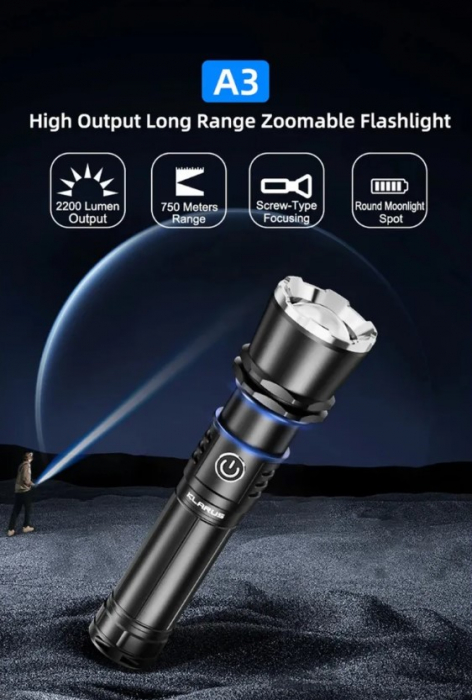 Lanterna LED Klarus, A3, zoom, 2200 lm, baterie 4000 mAh (USB-C), raza 750 m, autonomie 10 h, rezistenta la socuri 1 m,  IPX6 [6]