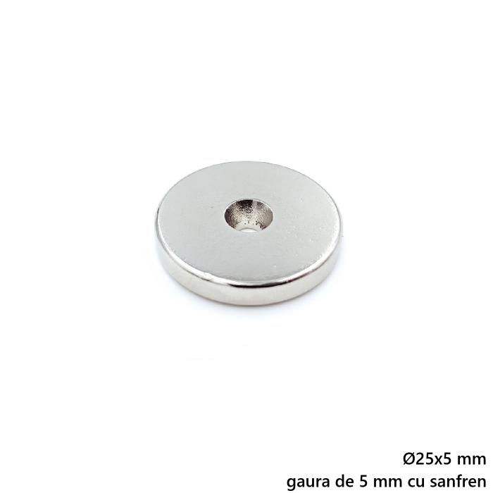 Magnet neodim 25x5 mm, gaura de 5 mm cu sanfren, disc, N35 [2]