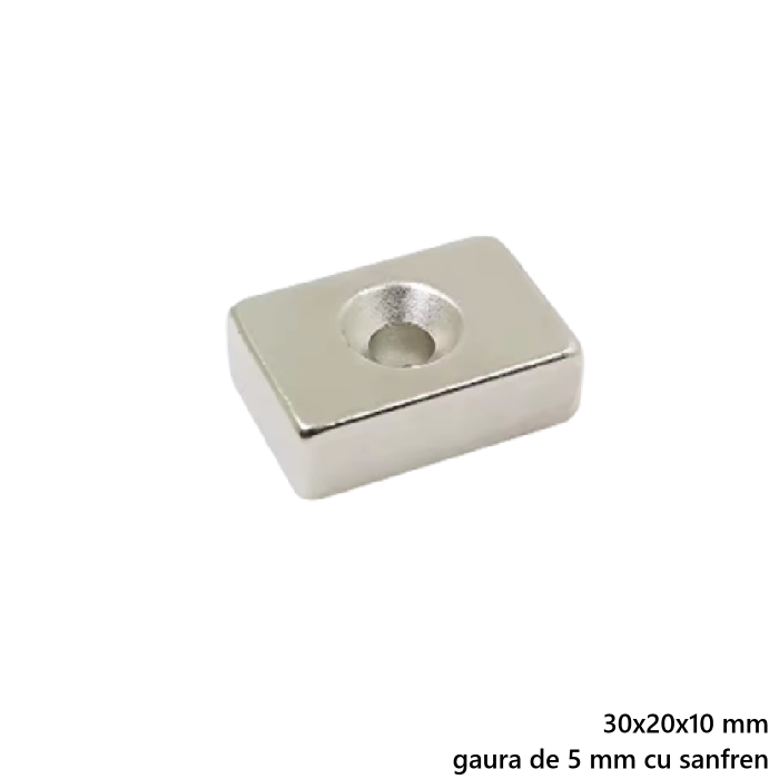 Magnet neodim 30x20x10 mm, gaura de 5 mm cu sanfren, dreptunghi, N35 [2]