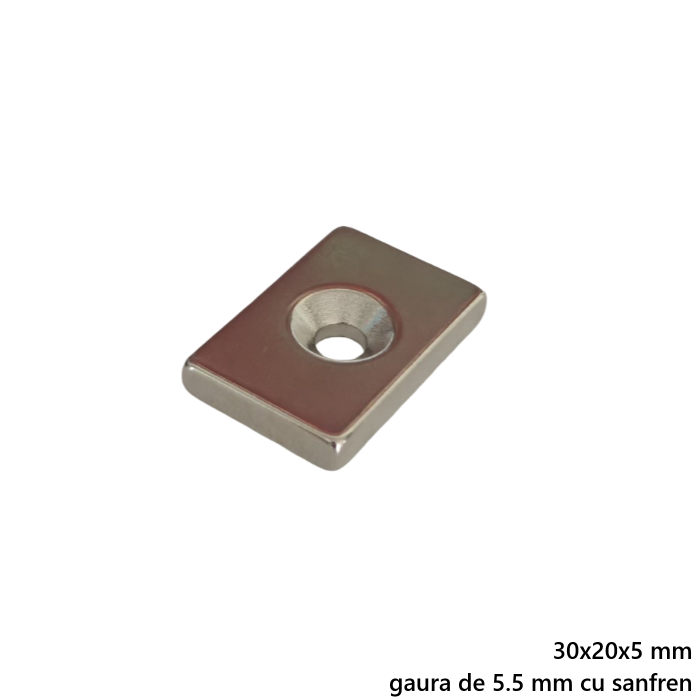 Magnet neodim 30x20x5 mm, gaura de 5.5 mm cu sanfren, dreptunghiular, argintiu, N35 [2]