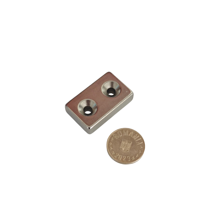 Magnet neodim 40x25x10 mm, 2 x gaura de 5.5 mm cu sanfren, dreptunghiular, argintiu, N35 [4]