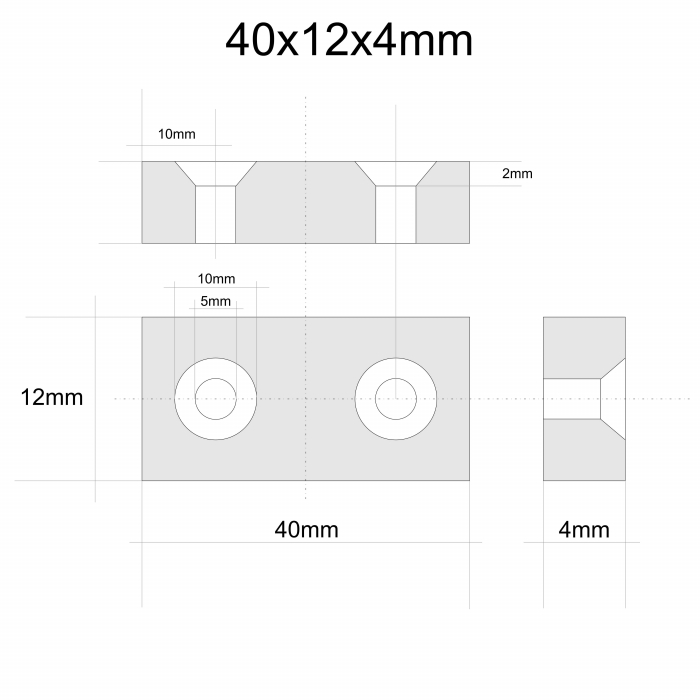 Magnet neodim 40x12x4 mm, 2 x gaura de 4.5 mm cu sanfren, dreptunghiular, argintiu, N35 [2]
