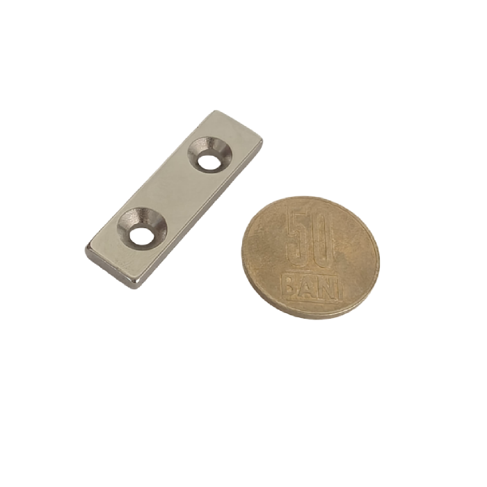 Magnet neodim 40x12x4 mm, 2 x gaura de 4.5 mm cu sanfren, dreptunghiular, argintiu, N35 [5]