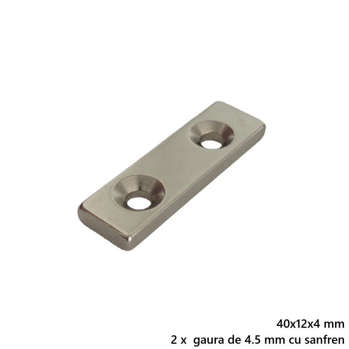 Magnet neodim 40x12x4 mm, 2 x gaura de 4.5 mm cu sanfren, dreptunghiular, argintiu, N35 [4]
