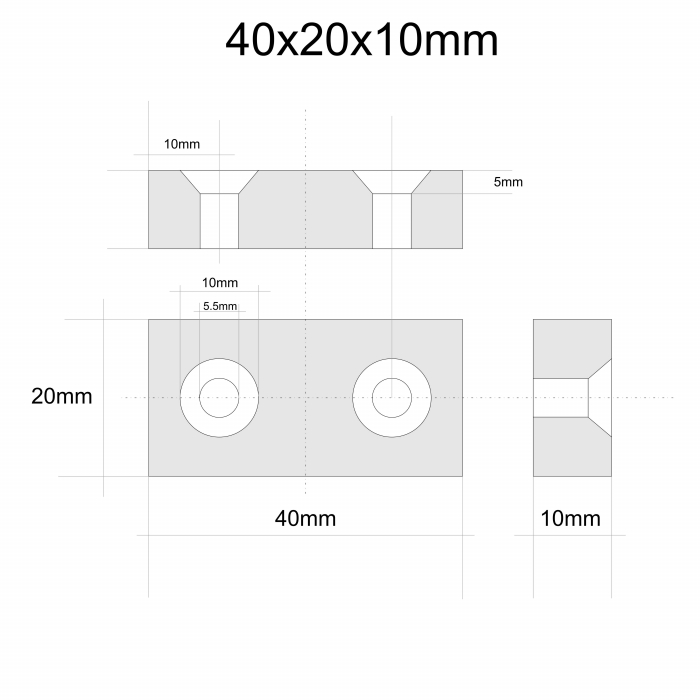 Magnet neodim 40x20x10 mm, 2 x gaura de 5.5 mm cu sanfren, dreptunghiular, argintiu, N35 [2]