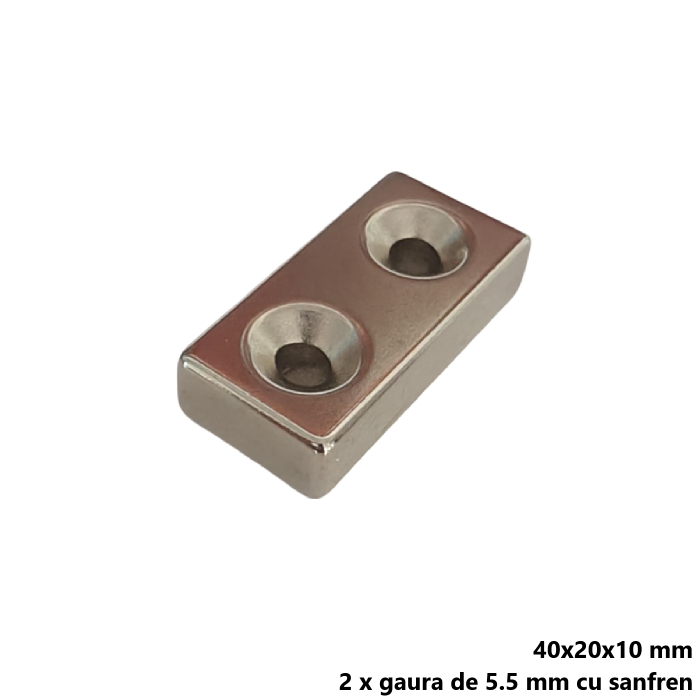 Magnet neodim 40x20x10 mm, 2 x gaura de 5.5 mm cu sanfren, dreptunghiular, argintiu, N35 [3]