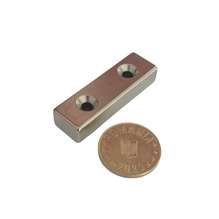 Magnet neodim 50x15x10 mm, 2 x gaura de 4.2 mm cu sanfren, dreptunghiular, argintiu, N35 [3]