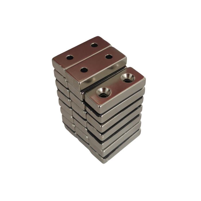 Magnet neodim 50x20x10 mm, 2 x gaura de 5.5 mm cu sanfren, dreptunghiular, argintiu, N35 [4]