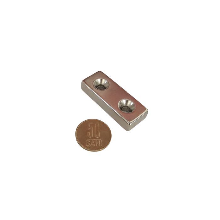 Magnet neodim 50x20x10 mm, 2 x gaura de 5.5 mm cu sanfren, dreptunghiular, argintiu, N35 [5]