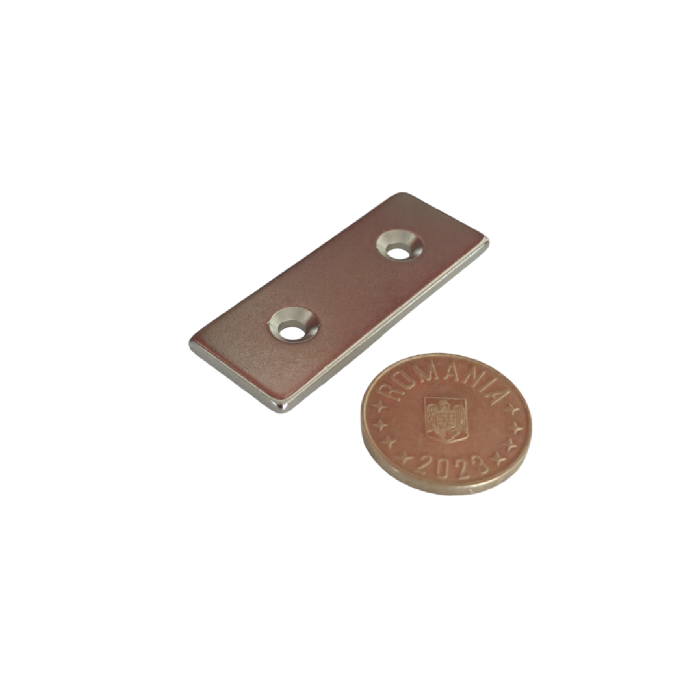 Magnet neodim 50x20x3 mm, 2 x gaura de 4 mm cu sanfren, dreptunghiular, argintiu, N35 [3]