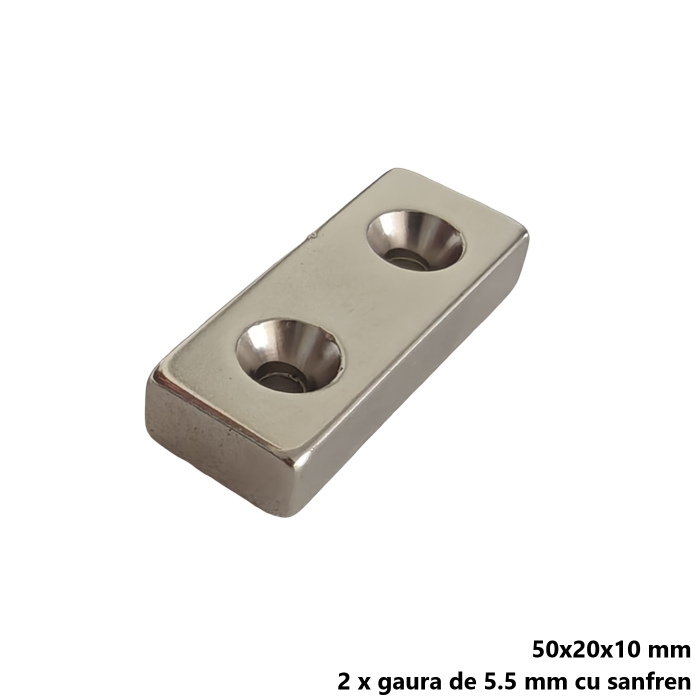 Magnet neodim 50x20x10 mm, 2 x gaura de 5.5 mm cu sanfren, dreptunghiular, argintiu, N35 [3]