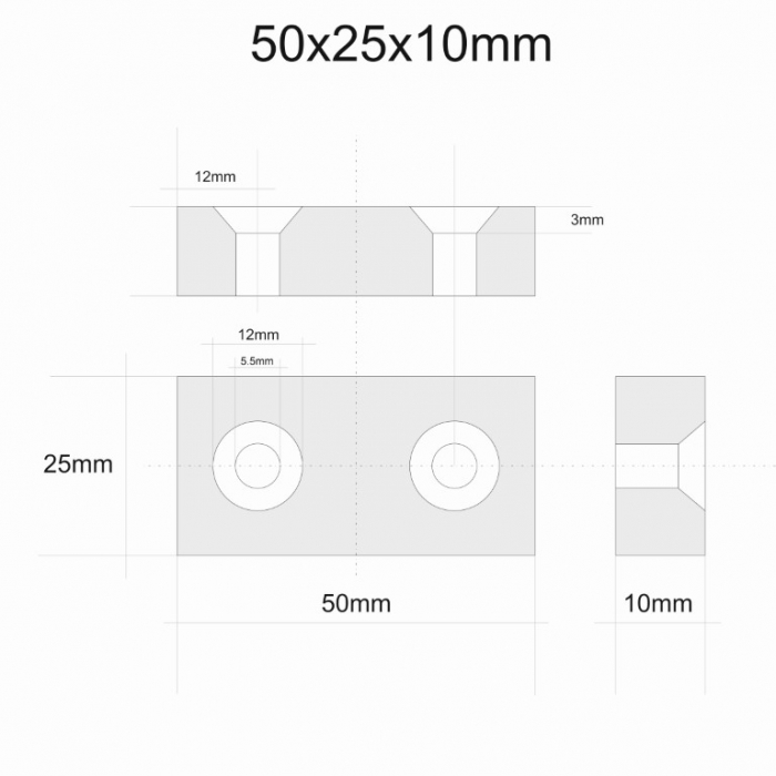 Magnet neodim 50x25x10 mm, 2 x gaura de 5.5 mm cu sanfren, dreptunghiular, argintiu, N35 [2]