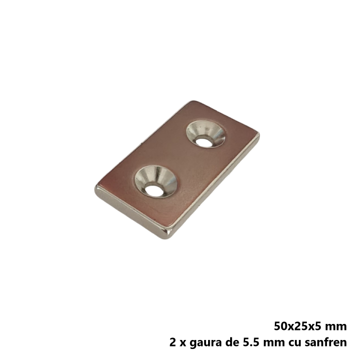 Magnet neodim 50x25x5 mm, 2 x gaura de 5.5 mm cu sanfren, dreptunghiular, argintiu, N35 [3]