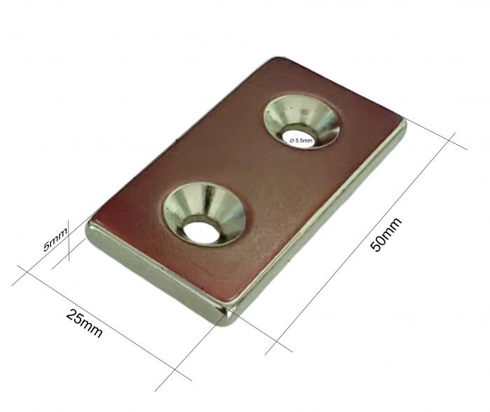 Magnet neodim 50x25x5 mm, 2 x gaura de 5.5 mm cu sanfren, dreptunghiular, argintiu, N35 [2]
