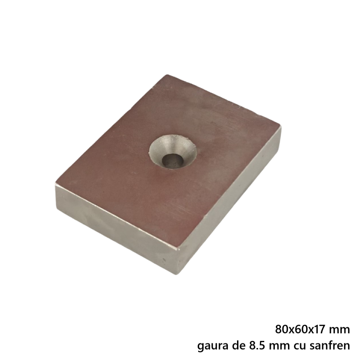 Magnet neodim 80x60x17 mm, gaura de 8.5 mm cu sanfren, dreptunghiular, argintiu, N35 [3]