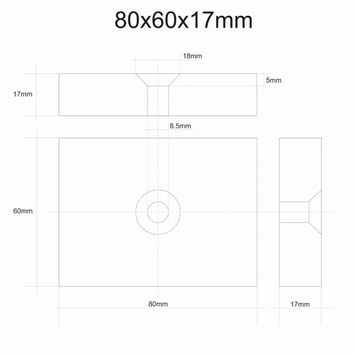 Magnet neodim 80x60x17 mm, gaura de 8.5 mm cu sanfren, dreptunghiular, argintiu, N35 [2]