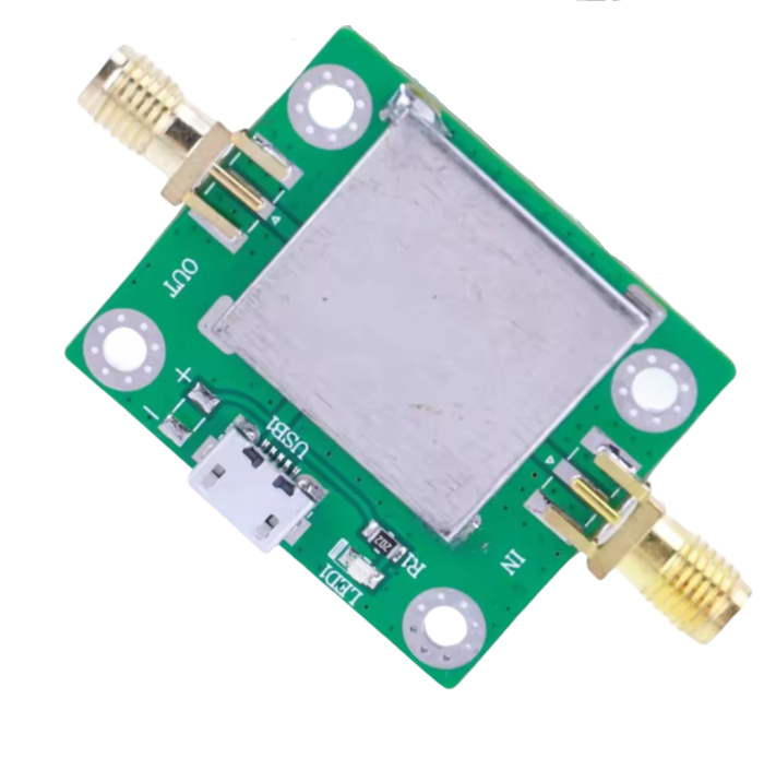 Amplificator RF LNA 50MHz–6GHz cu alimentare USB, castig 20dB, zgomot redus, conectori SMA [1]
