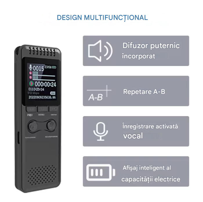 Reportofon digital 64GB cu ecran 1.44 inch, inregistrare MP3/WAV, USB-C, carcasa aluminiu [5]