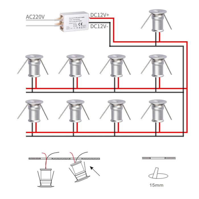 Pachet 9 buc spot LED ingropat, 120 grade, alb cald, 12 VDC 1W, minimodul12VWW [3]