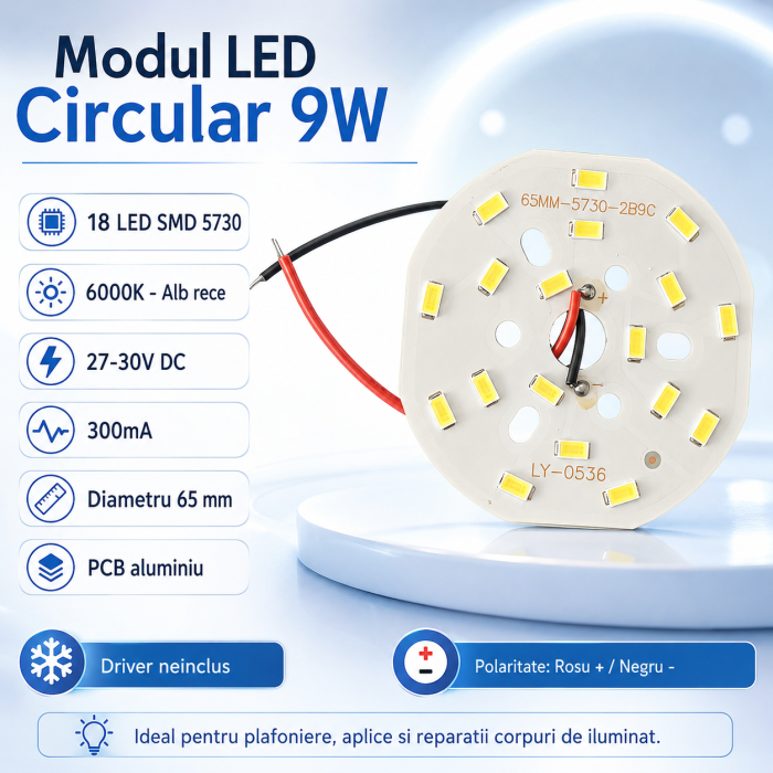 Modul LED circular 9W pentru plafoniera si aplica, 18 LED SMD 5730, alb rece 6000K, 27-30V DC, 300mA, 65 mm [2]