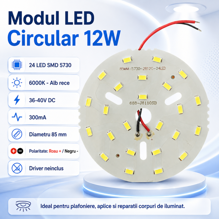Modul LED circular 12W pentru plafoniera si aplica, 24 LED SMD 5730, alb rece 6000K, 36-40V DC, 300mA, 85 mm [2]