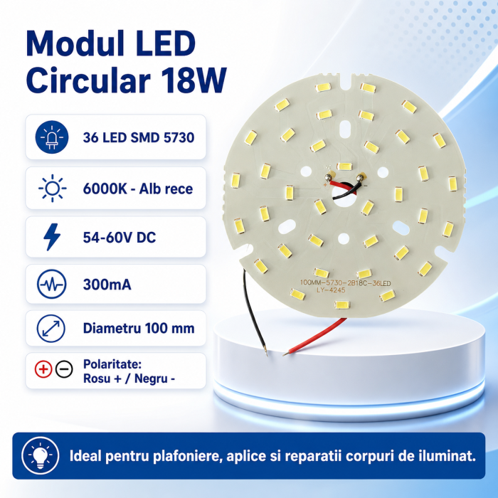 Modul LED circular 18W pentru plafoniera si aplica, 36 LED SMD 5730, alb rece 6000K, 54-60V DC, 300mA, 100 mm [2]
