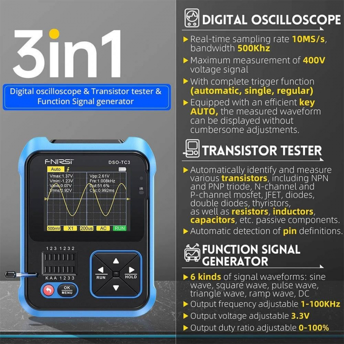 Osciloscop digital 3 in 1 FNIRSI DSO-TC3 cu generator de semnal DDS si tester de tranzistori [3]