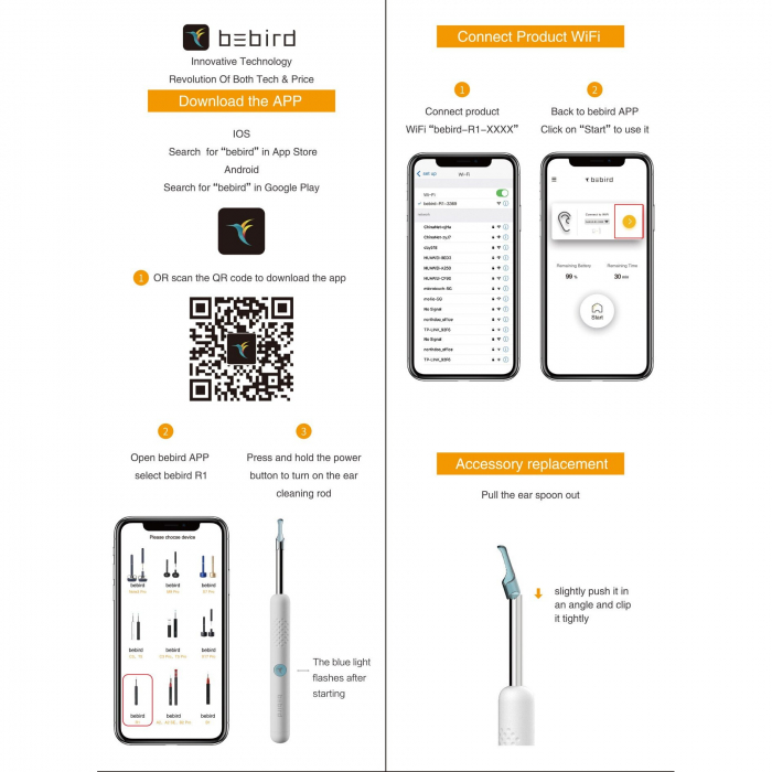 Aparat curatare urechi Bebird R1 Negru pentru adulti si copii, camera HD, WiFi R1Black [3]