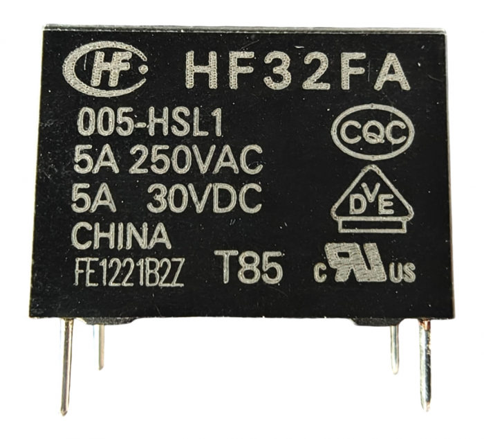 Releu electromagnetic HF32FA/005-HSL1, 5V DC, 5A, SPST-NO, miniatural, montaj THT [1]