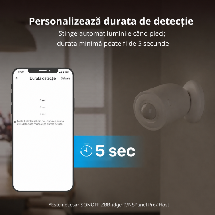 Senzor de miscare PIR SONOFF Zigbee 3.0, 6 m, 110°, detectare lumina ambientala (SNZB-03P) [6]