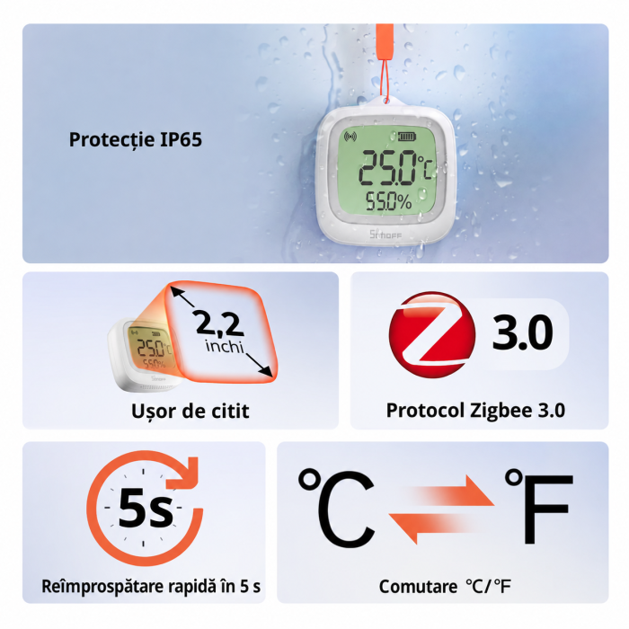 Senzor smart SONOFF temperatura si umiditate Zigbee 3.0 cu ecran LCD 2.2 inch si protectie IP65 pentru monitorizare ambientala (SNZB-02WD) [3]