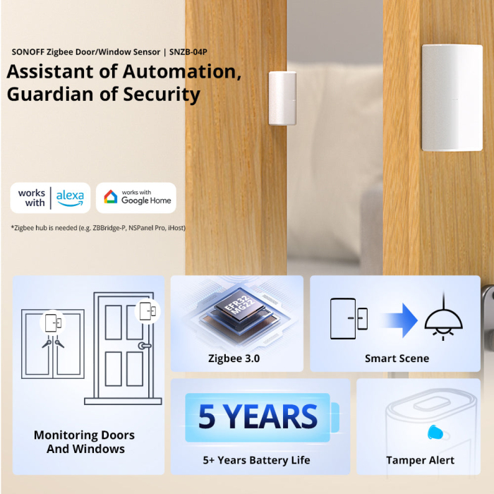 Senzor Zigbee usa/fereastra SONOFF, SNZB-04P, detectie deschidere/inchidere, tamper alert, compatibil eWeLink si hub-uri Zigbee 3.0 [2]