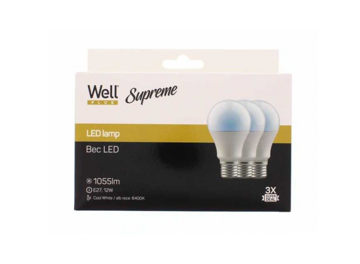 Set 3 becuri cu LED A60 E27 12W 230V lumina rece Supreme Well LEDLC-A6012E27-BX3-WL [2]