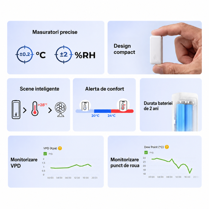 Senzor temperatura si umiditate Zigbee 3.0 pentru monitorizare ambientala, punct de roua si VPD (SNZB-02B) [4]