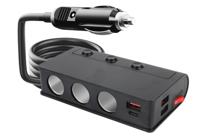 Adaptor priza auto cu 3 porturi, 180W, QC 3.0, 3 x USB, 1 x Type-C, Afisaj display voltaj, Incarcare rapida, 12V/24V, Negru [1]