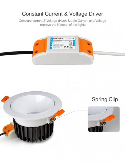 Spot LED MiBoxer FUT070, 6W, incastrat, RGB+CCT, 550LM, 2700K-6500K, lumina ajustabila, 2.4GHz, control de la distanta 30m, AC100-240V, anti-glare, alb [7]