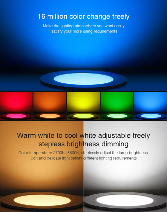 Spot LED MiBoxer FUT070, 6W, incastrat, RGB+CCT, 550LM, 2700K-6500K, lumina ajustabila, 2.4GHz, control de la distanta 30m, AC100-240V, anti-glare, alb [3]