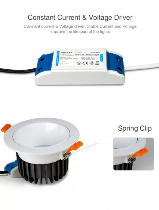 Spot LED MiBoxer FUT071, 12W, incastrat, RGB+CCT, 1000LM, 2700K-6500K, lumina ajustabila, 2.4GHz, control de la distanta 30m, AC100-240V, anti-glare, alb [6]