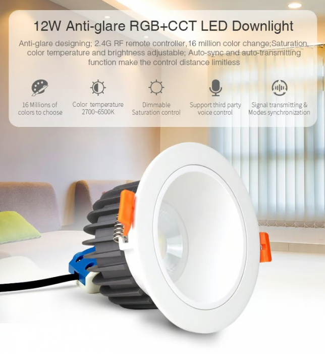 Spot LED MiBoxer FUT071, 12W, incastrat, RGB+CCT, 1000LM, 2700K-6500K, lumina ajustabila, 2.4GHz, control de la distanta 30m, AC100-240V, anti-glare, alb [2]