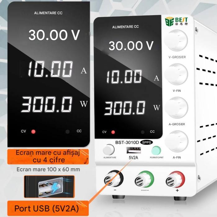 Sursa de laborator BST-3010D, 30V 10A reglabil, afisaj digital, USB 5V/2A, sursa DC stabilizata [9]