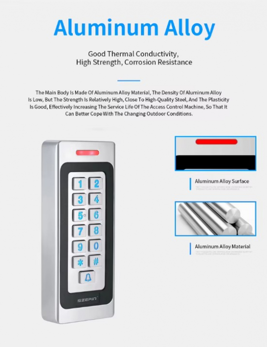Tastatura control acces standalone EP-S701-EM, iluminata, RFID/NFC, IP67, carcasa aluminiu, card si PIN, alarma sabotaj [6]