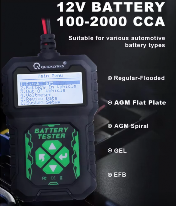 Tester baterie auto, Quicklynks, Ecran LCD, 8-30V, 30Ah-220Ah, Negru [6]