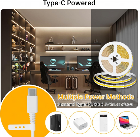 Banda LED COB alb cald, 3000K, 5V DC, type-C, 300leds/m, 2m, IP20 [1]